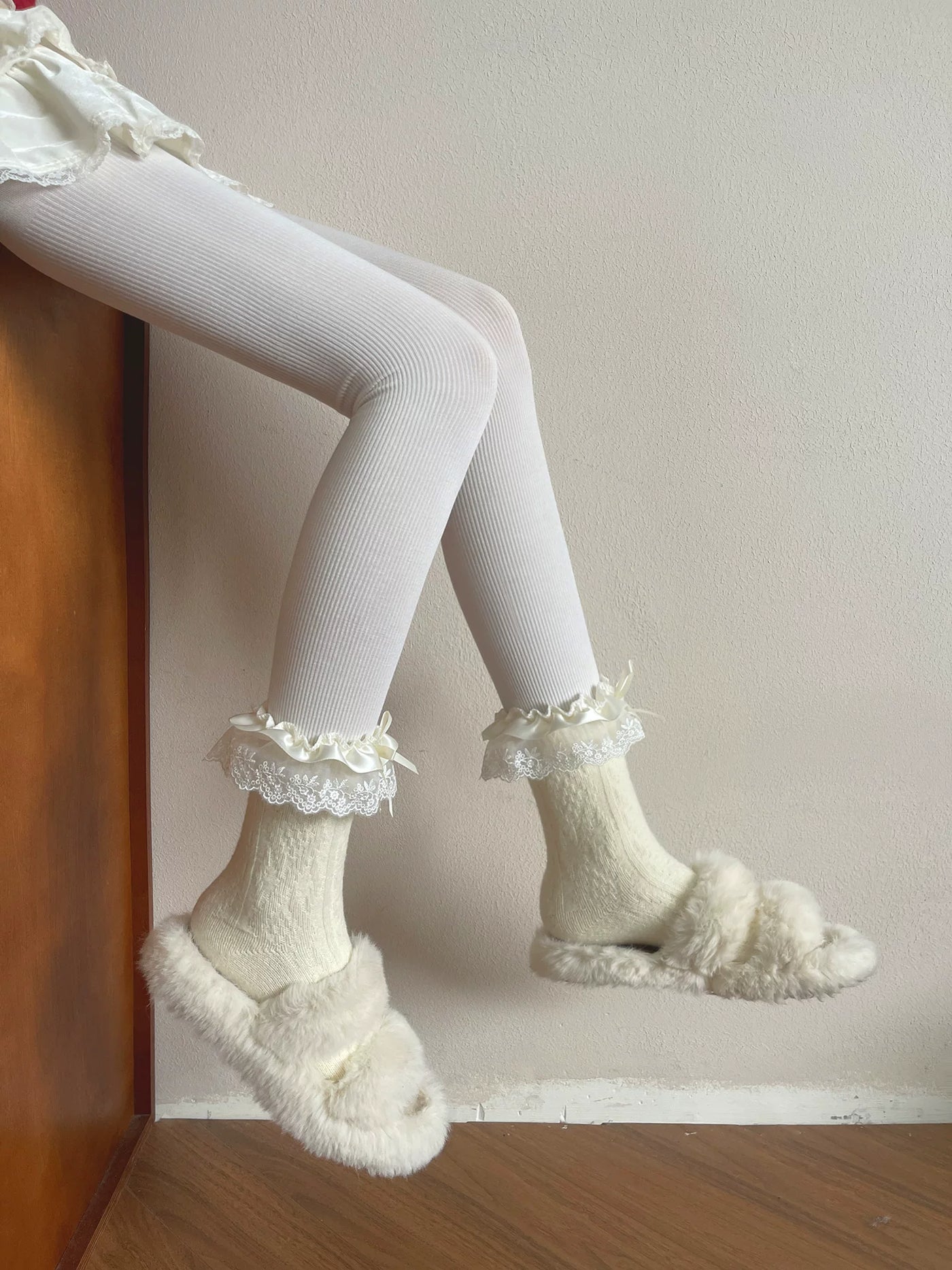 Sock Noble - Winter Ruffle - Slouch Mid-Calf Socks with Satin-Lace Cuffs