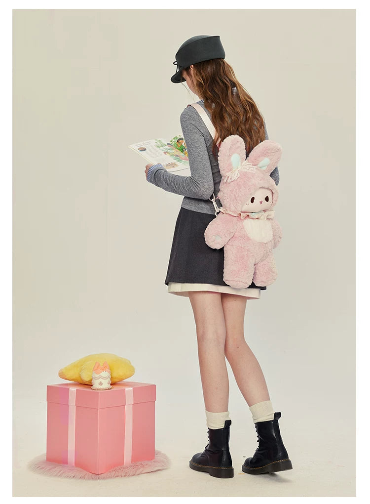 LambGuli - Pink Rabbit and Little Bear Guli - Plush Backpacks and Big-Face Bag Options with Rabbit and Bear Designs