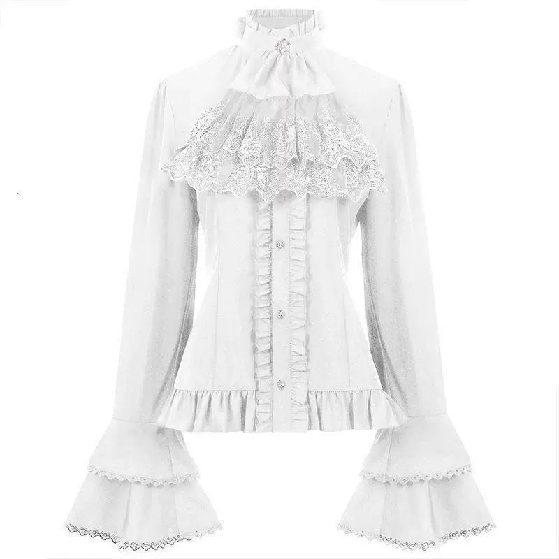 Sweetheart Dream Machine - Gothic Classic - Pleated Long-Sleeve Blouse with Lace Bib