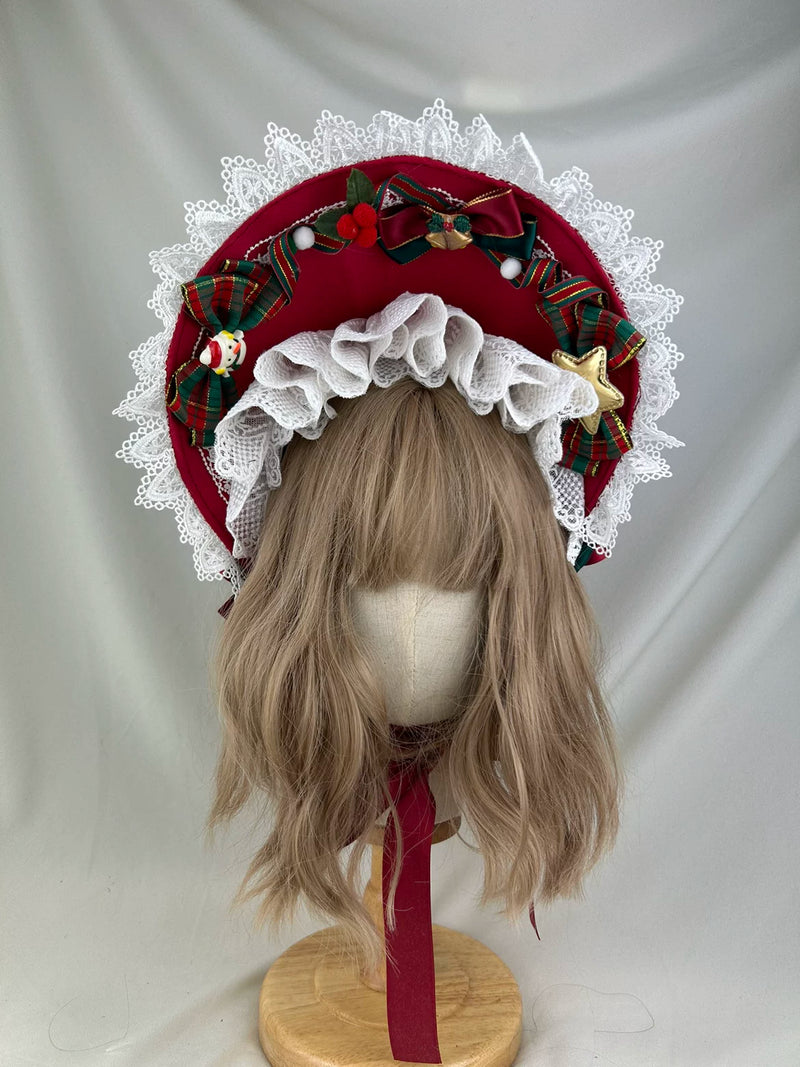 Christmas & New Year Lolita Bonnet — Christmas Red & Green