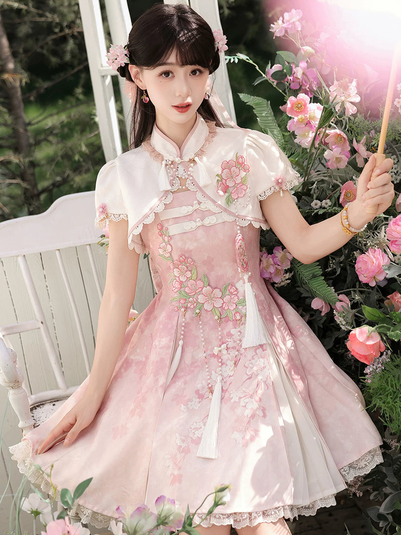 Sweet Promise - New Chinese-Style Blossom - Pink princess dress with floral embroidery and lace-trimmed top