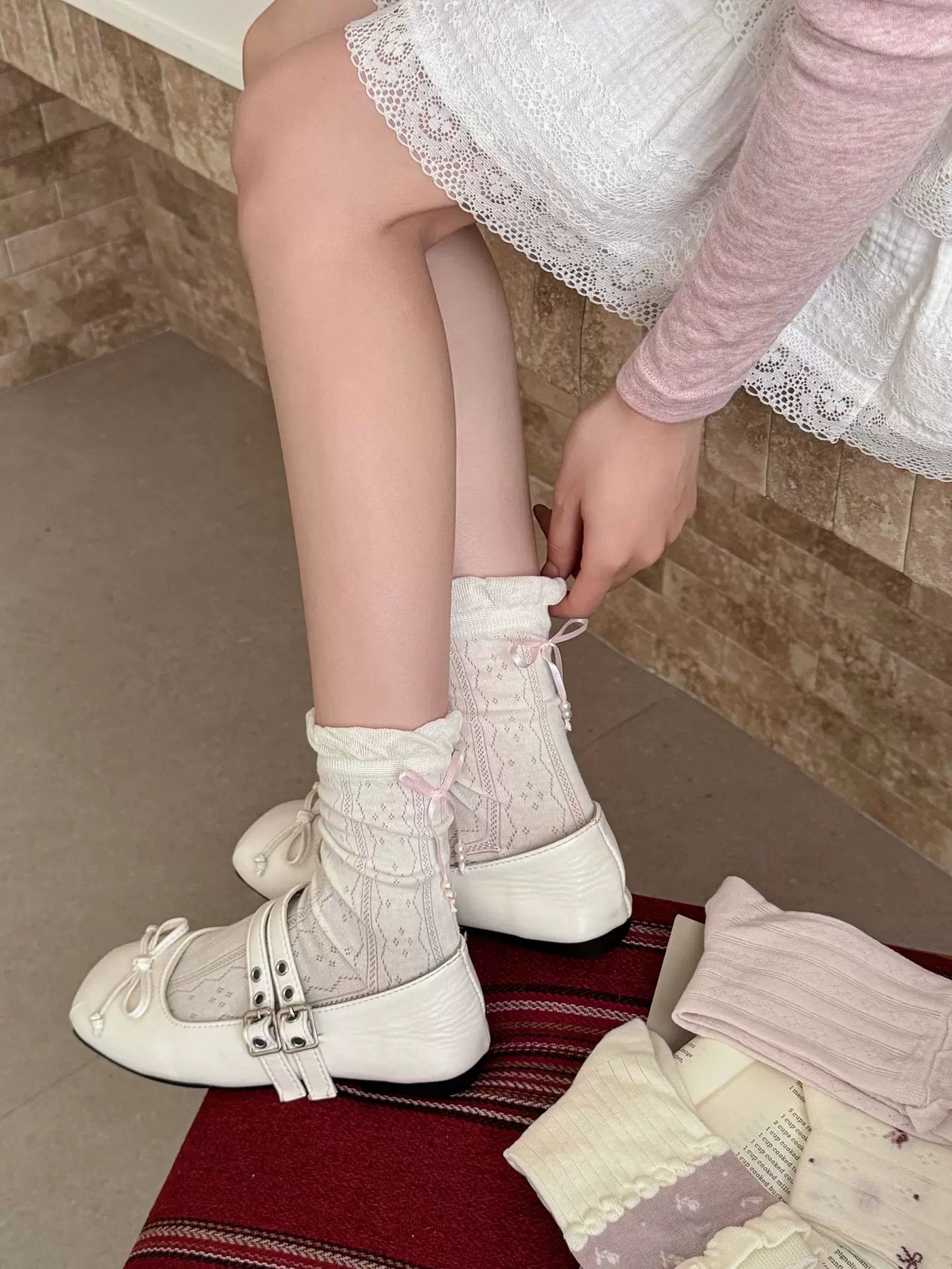 Fantasy Doll - Ballet Bow - Mid-Calf Socks with Pink Bow and Floral Options