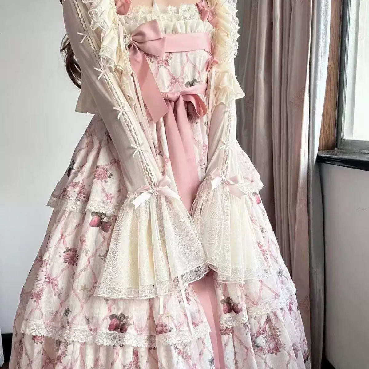 Sweetheart Dream Machine - Apricot Lace Bow - Ruffled Lace Cardigan