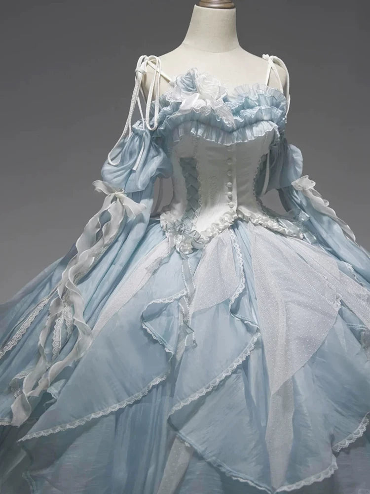 Flora Muse - Floral Lolita Ball Gown - Blue off-shoulder formal