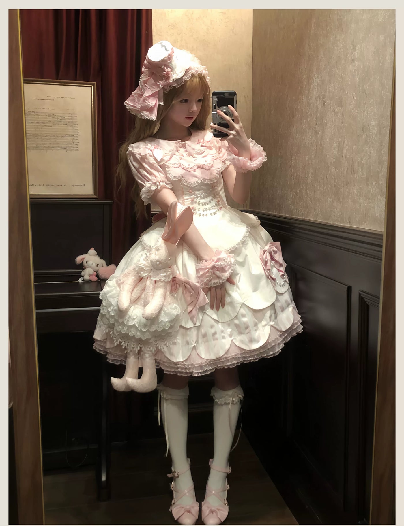 Tata Long Ear - Pearl Princess - White-and-Pink JSK Dress with Pearl Details and Scalloped Layers