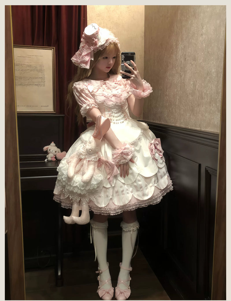 Tata Long Ear - Pearl Princess - White-and-Pink JSK Dress with Pearl Details and Scalloped Layers