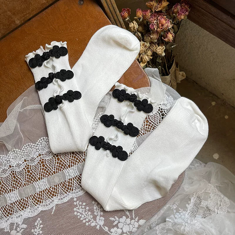 Sock Noble - Y2K Chinese - Openwork Mid-Calf Slouch Socks with Frog-Button Details