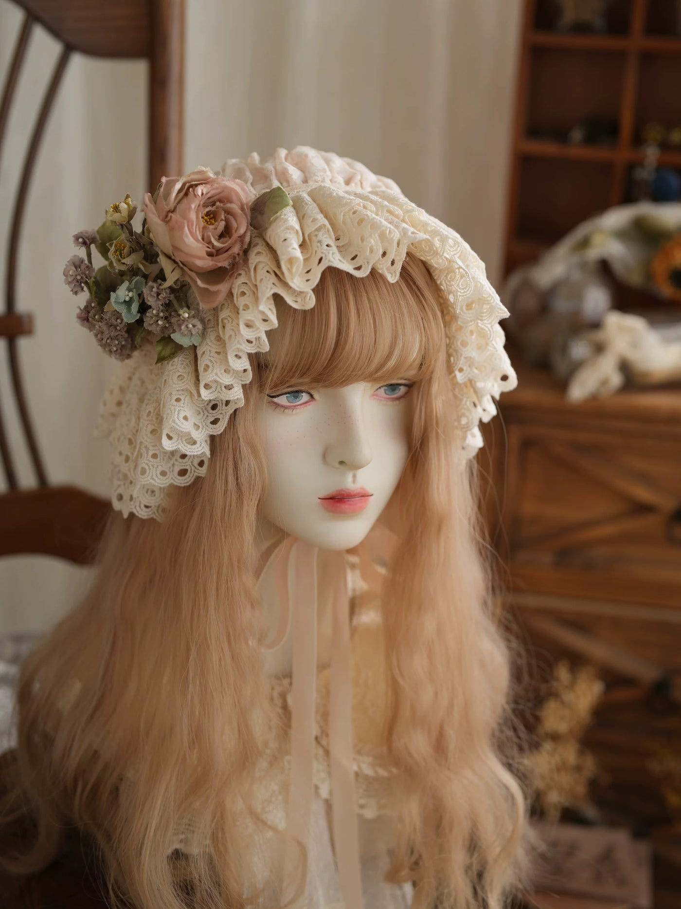 Star Box - Air Flora - Layered-Lace Bonnet with Long Ribbon Ties
