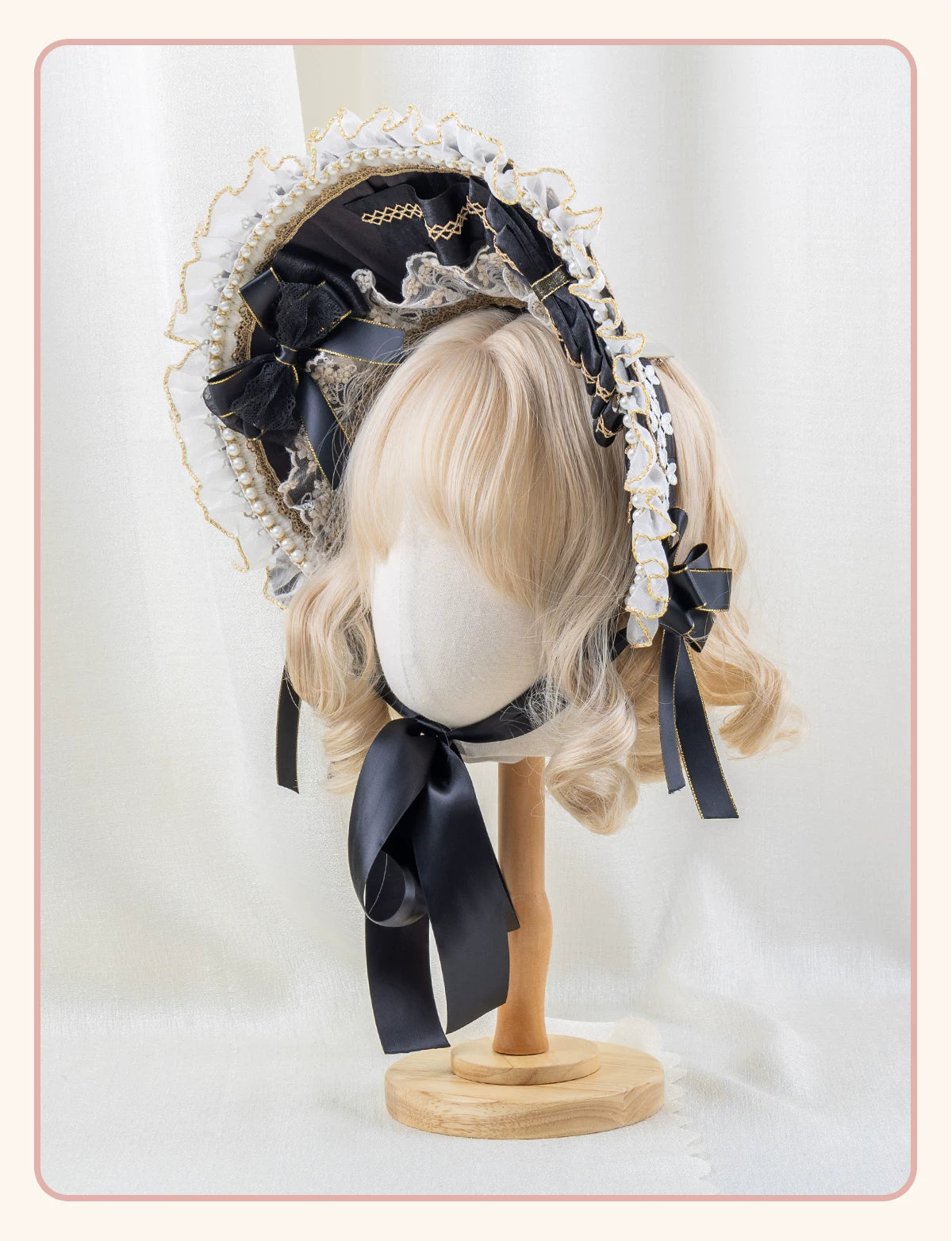 Stardust Rose - Night Banquet - Black-and-Gold Lolita Headwear with Lace and Bows