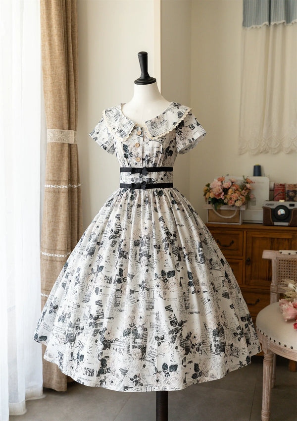 Forest Wardrobe - Forest Holiday - Vintage Classic Lolita Newspaper Printed OP Dress