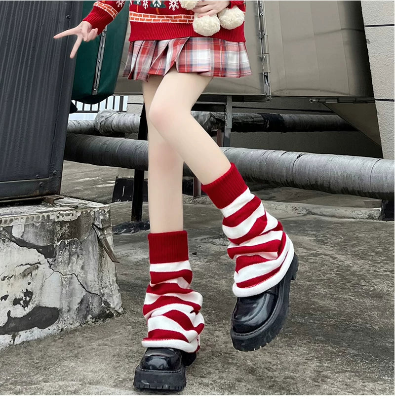 Floral Milk Cat - Christmas Stripe - Leg-Warmer Socks with Red Cuffs