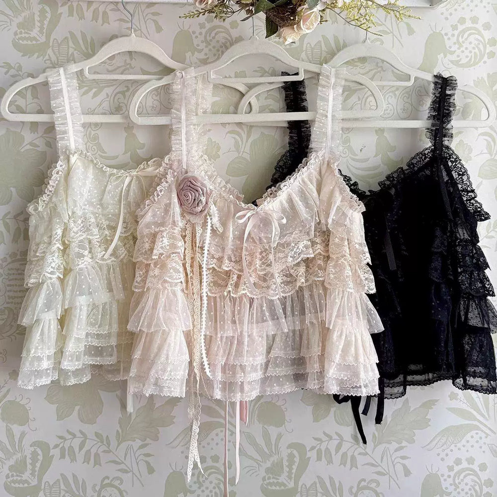 Beige tiered ruffle Lolita camisole with sheer dotted tulle, scalloped lace trim, and 3D fabric rose appliqué