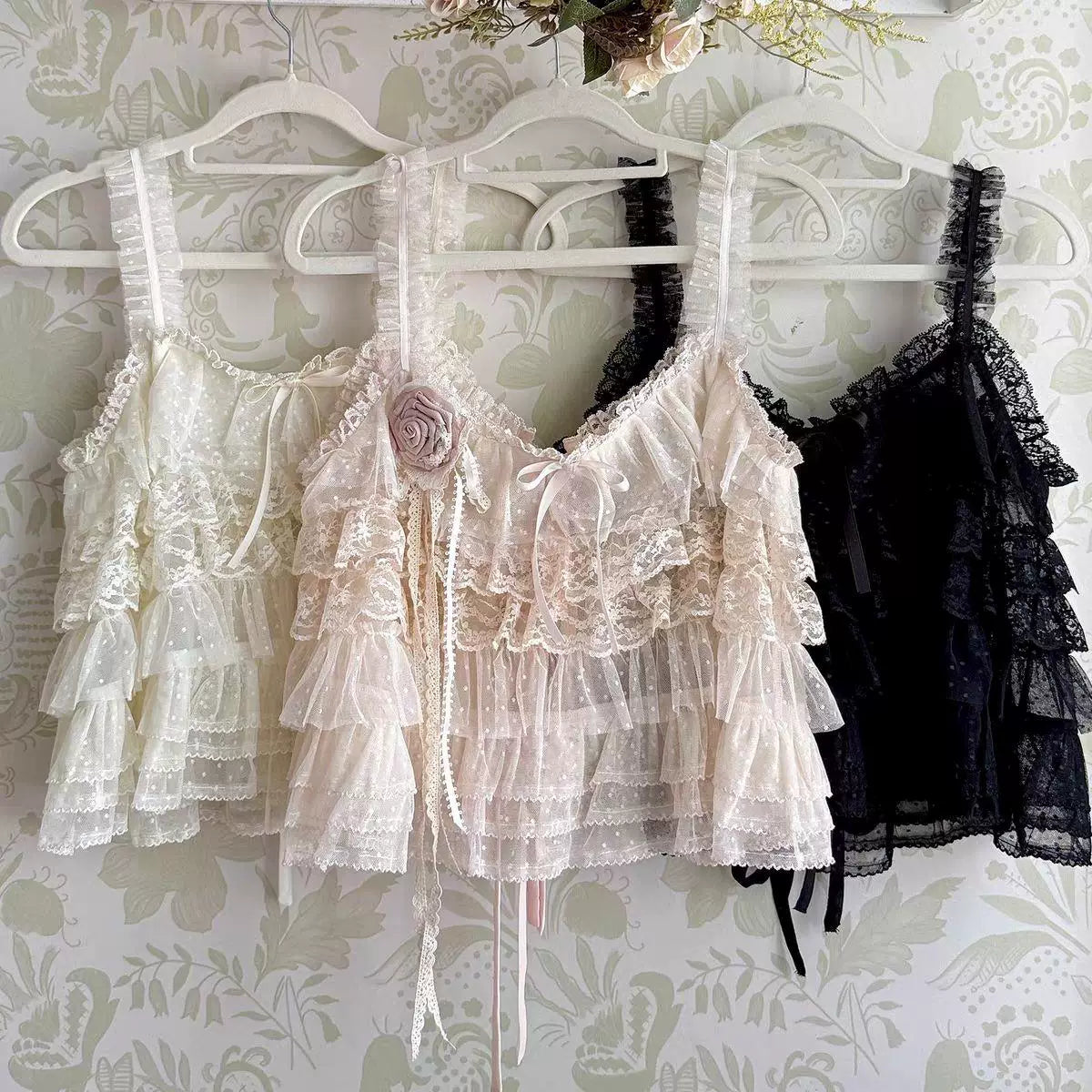 Beige tiered ruffle Lolita camisole with sheer dotted tulle, scalloped lace trim, and 3D fabric rose appliqué