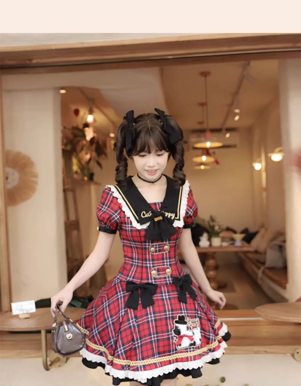 Baozi Pig red plaid one-piece dress with black sailor collar, bows, lace trim, and puppy motif