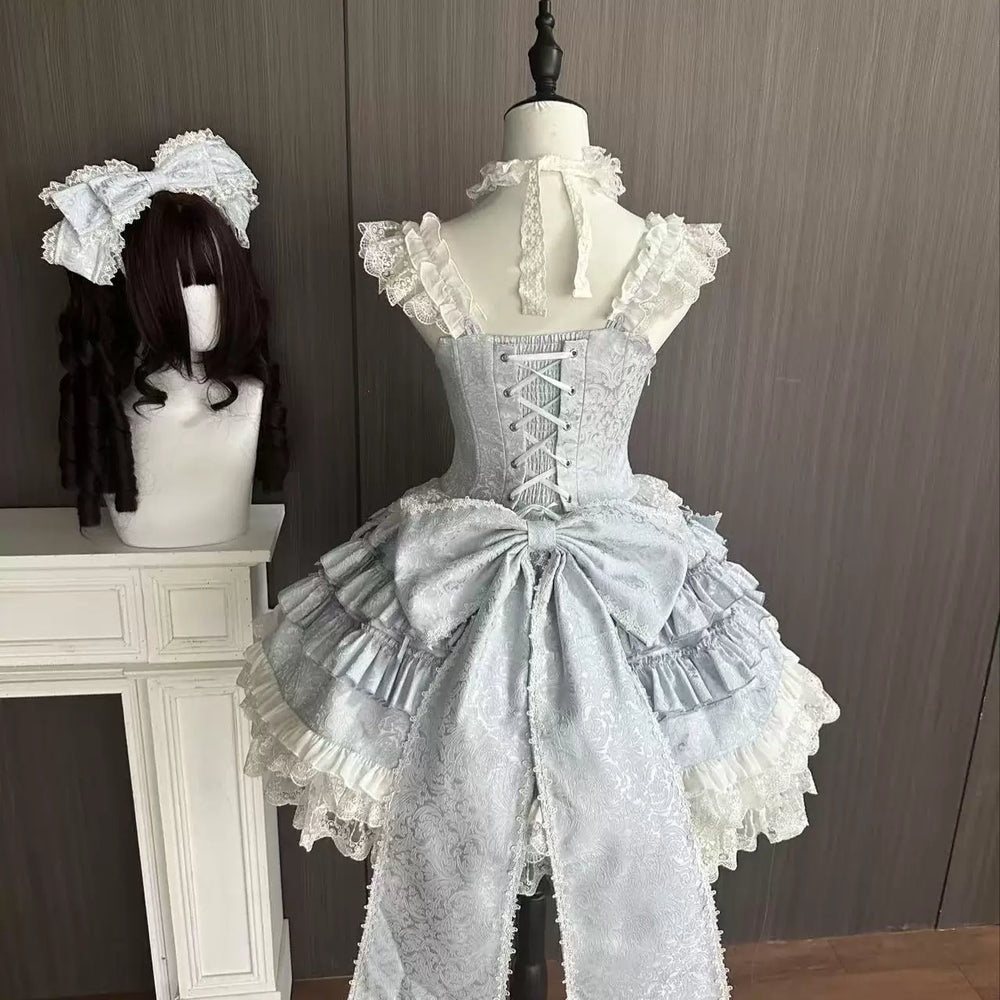 Dreamy Bouquet lace-trimmed Lolita accessory pieces displayed in blue-white and pastel colorways.