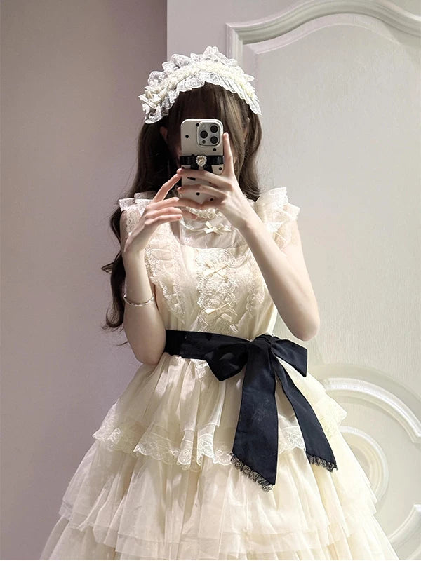 Creamy - Ecru Lace - Tiered Lace OP with Waist Belt