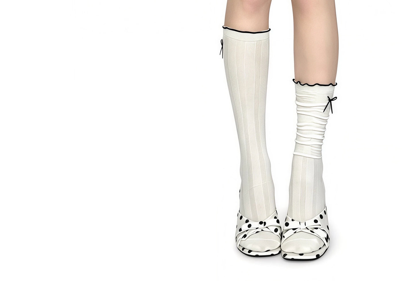 White Socks - Wave Bow - White Mid-Calf Socks with Scalloped Edges