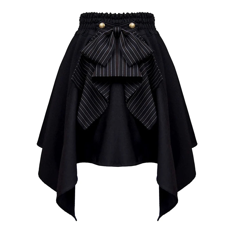 Black Gothic Lolita skirt with striped bow, buckles and irregular hem.