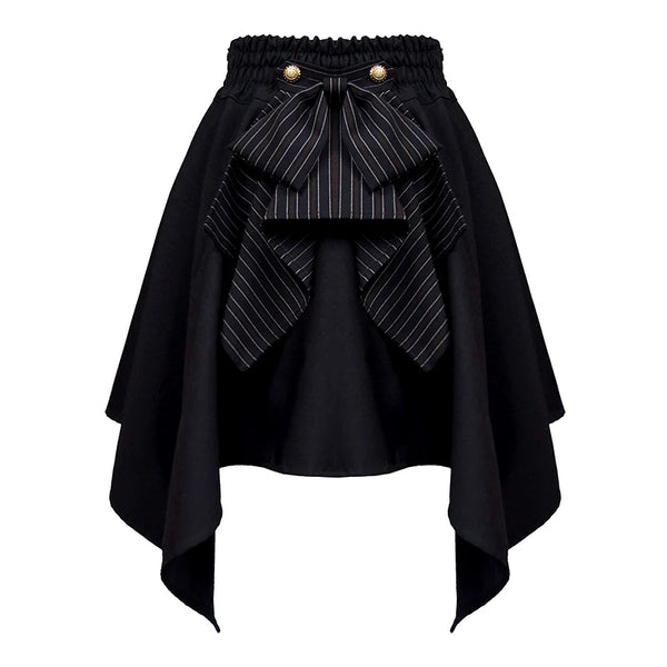 Black Gothic Lolita skirt with striped bow, buckles and irregular hem.