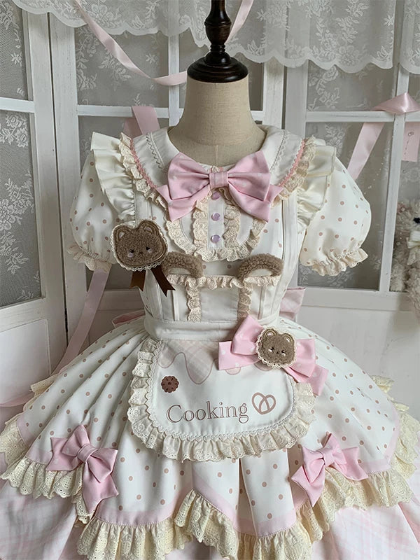 Creamy - Teddy Bear Apron OP - Pink and cream OP dress with a bear apron