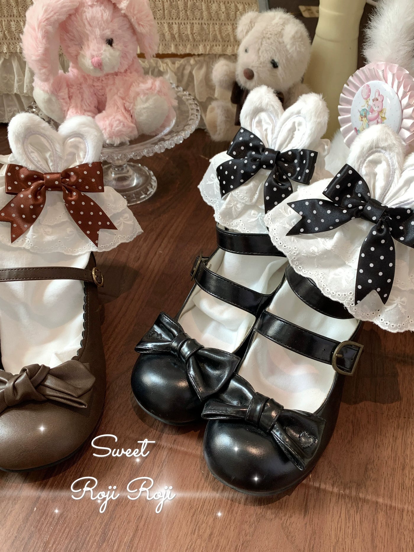 Sweet Lolita Cotton Socks, Bunny Ear & Ribbon Bow Black polka dots One Size