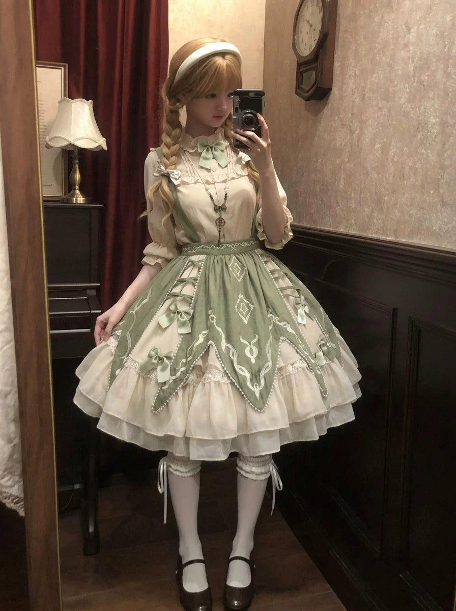 Creamy - Green Countryside - Blouse Set with a Vest and Short Skirt