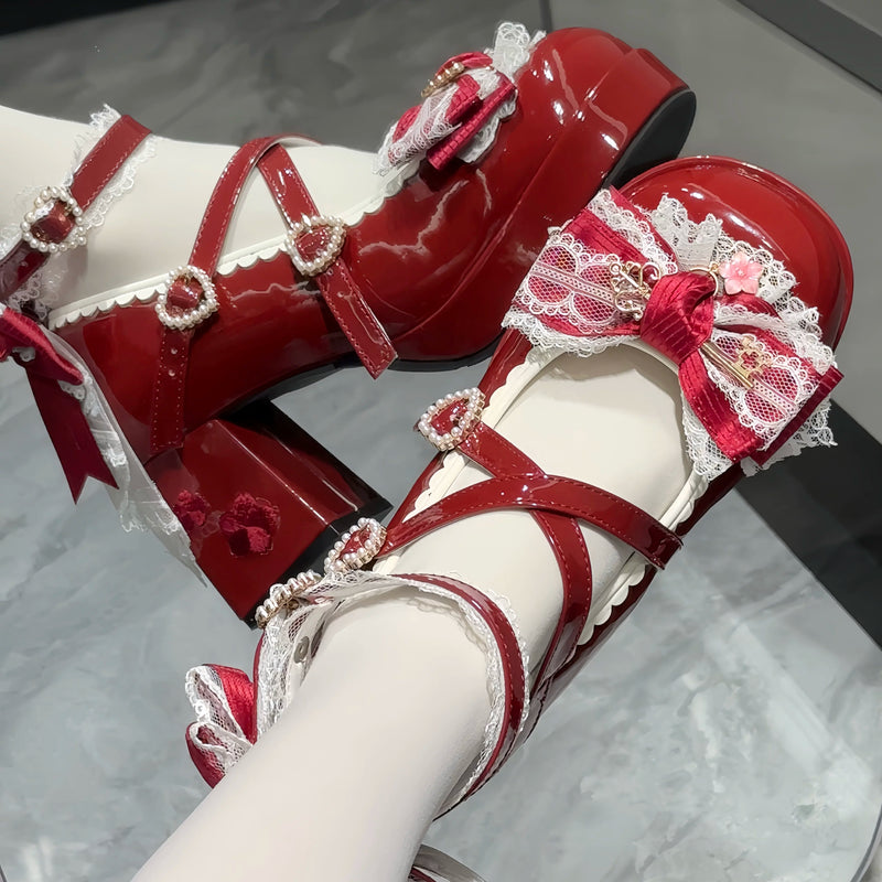 Kitten Toast – Sakura Letter – Floral Lace Platform Heels in Glossy Wine Red — product photo 8