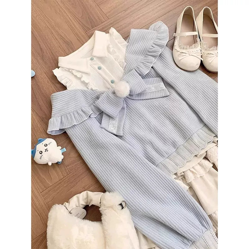 Creamy - Powder Blue Bow - Blue knit top and cream-apricot half-skirt set with an oversized bow