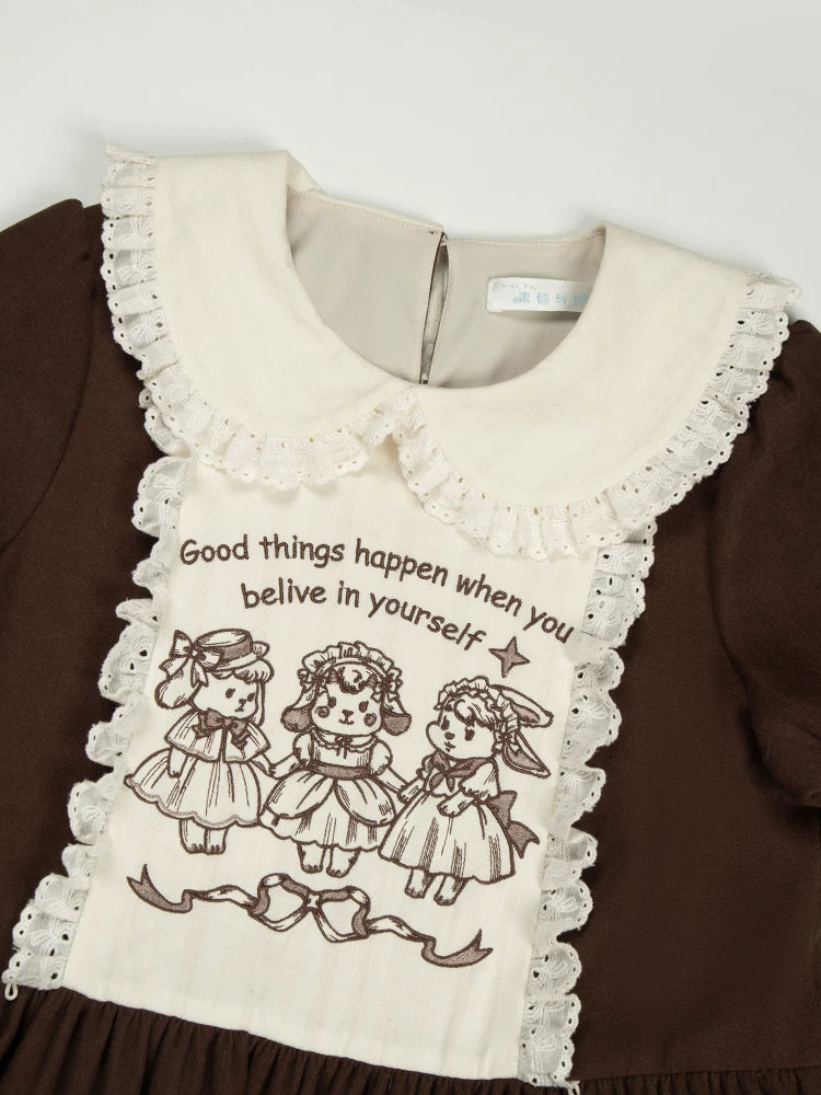 With PUJI - Sugar Frost Tale - Kawaii Lolita OP Button Closure Dress, Lamb & Bunny Embroidery detail view 4