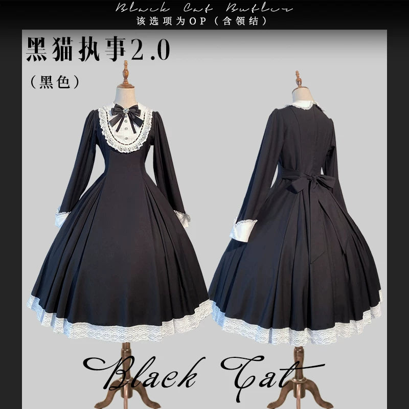 Moon Lily - Black Cat Butler 2.0 - Black-and-White Maid Lolita Dress with Lace Bib – detail view 7