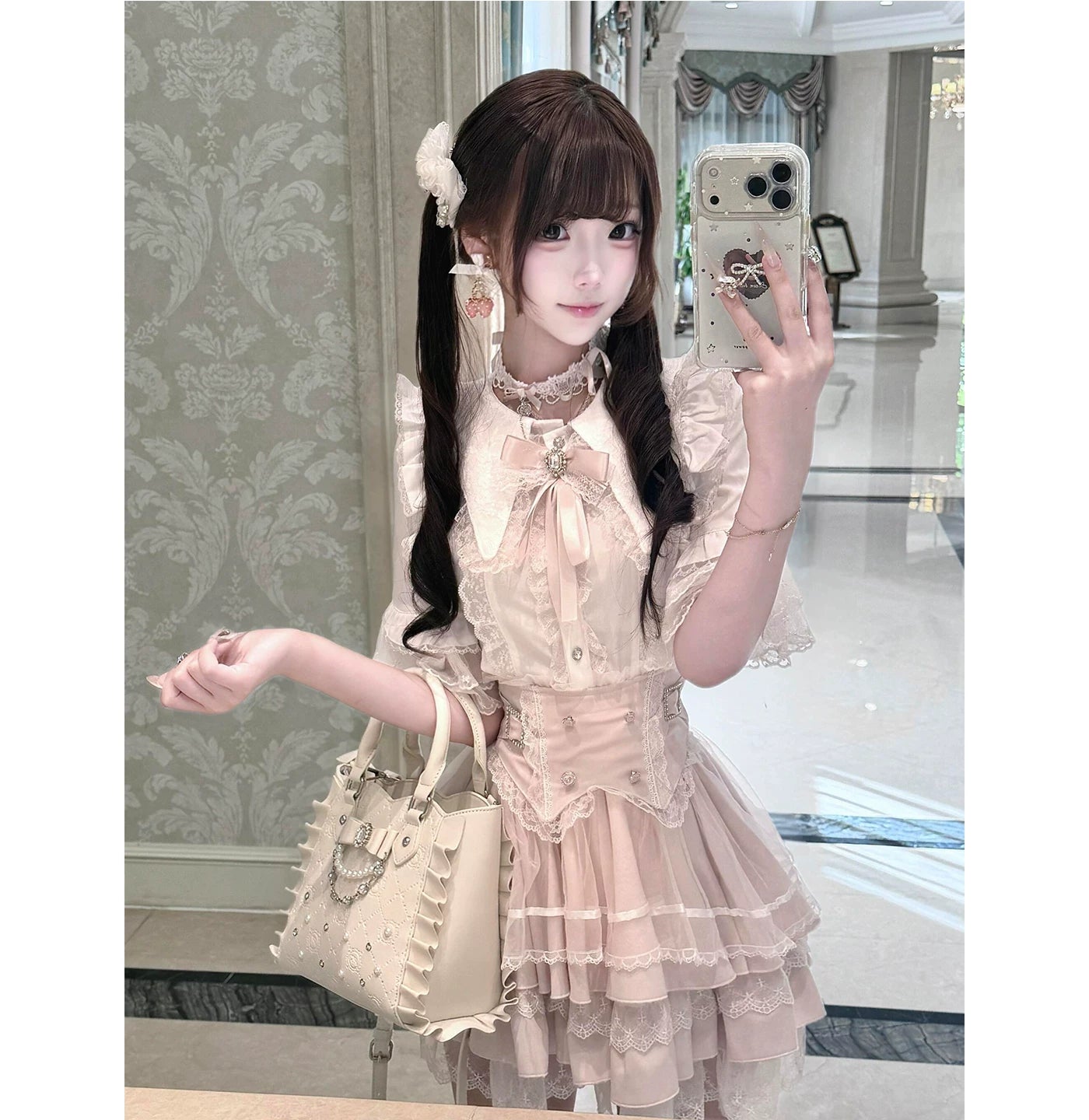Creamy - Lace Bow - Two-Piece Top-and-Skirt Set with Layered Lace Trim