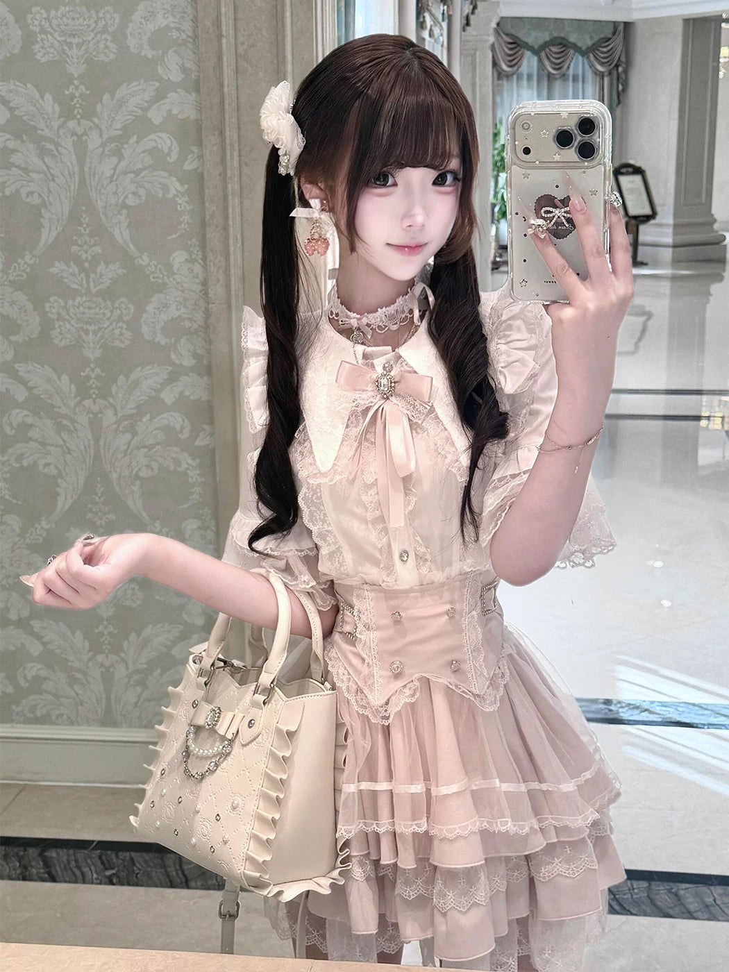 Creamy - Lace Bow - Two-Piece Top-and-Skirt Set with Layered Lace Trim