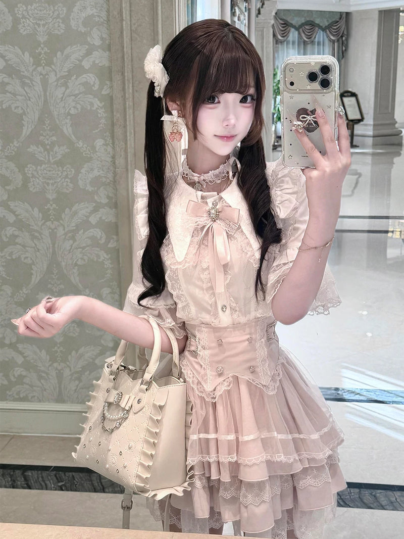 Creamy - Lace Bow - Two-Piece Top-and-Skirt Set with Layered Lace Trim