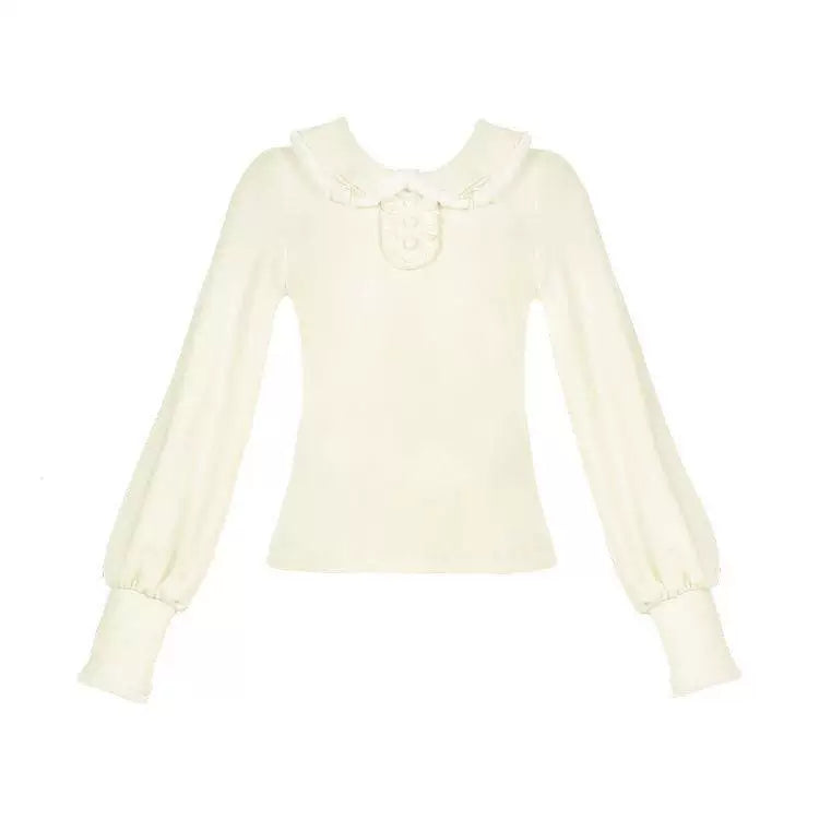 Long-sleeve inner blouse with a doll collar shown in layered Lolita outfits.