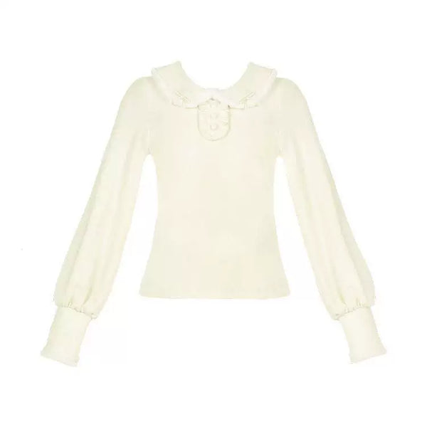 Long-sleeve inner blouse with a doll collar shown in layered Lolita outfits.