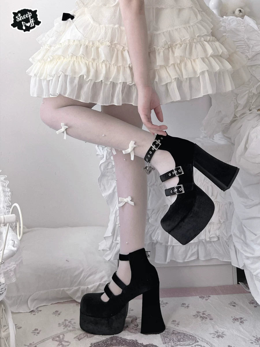Sheep Puff Broken Angel Lolita Heels, stylish shoes with unique broken angel design, featuring intricate details and a feminine silhouette.