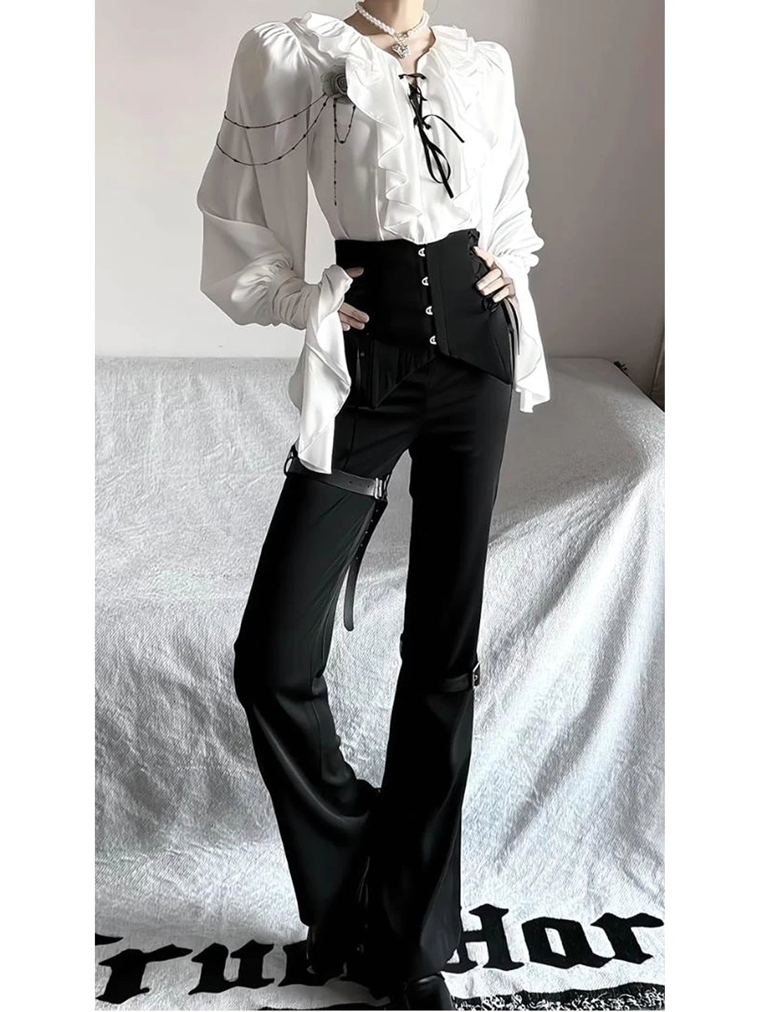 Creamy - Gothic Prince - White Blouse and Black Trousers Set with Ruffles and Straps
