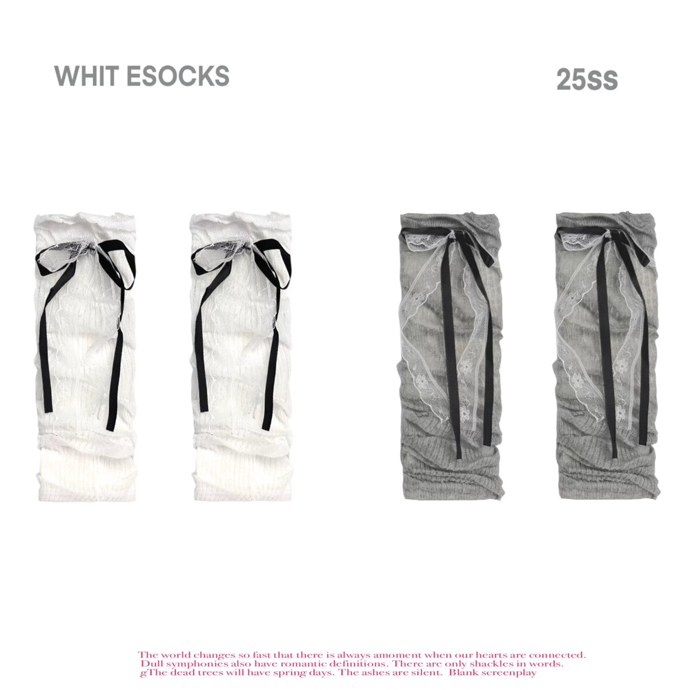 Sheer ribbed slouch sock with lace cuff and bow detail, white colorway