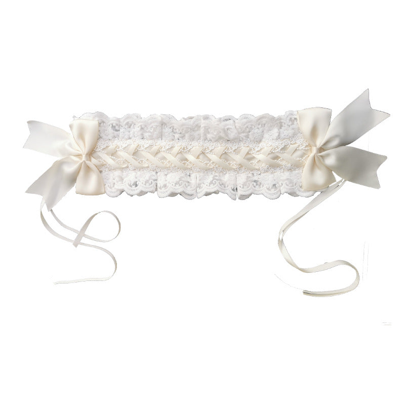 Cream lace Lolita hair band with layered lace and satin bows