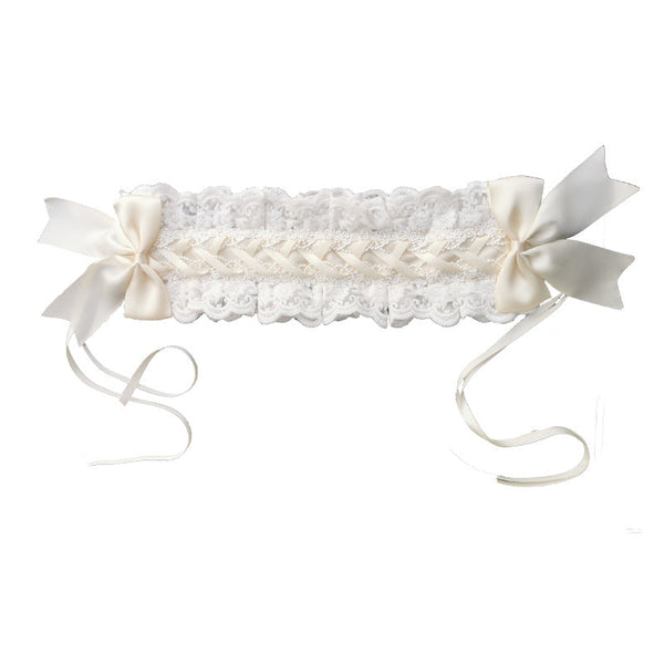 Cream lace Lolita hair band with layered lace and satin bows