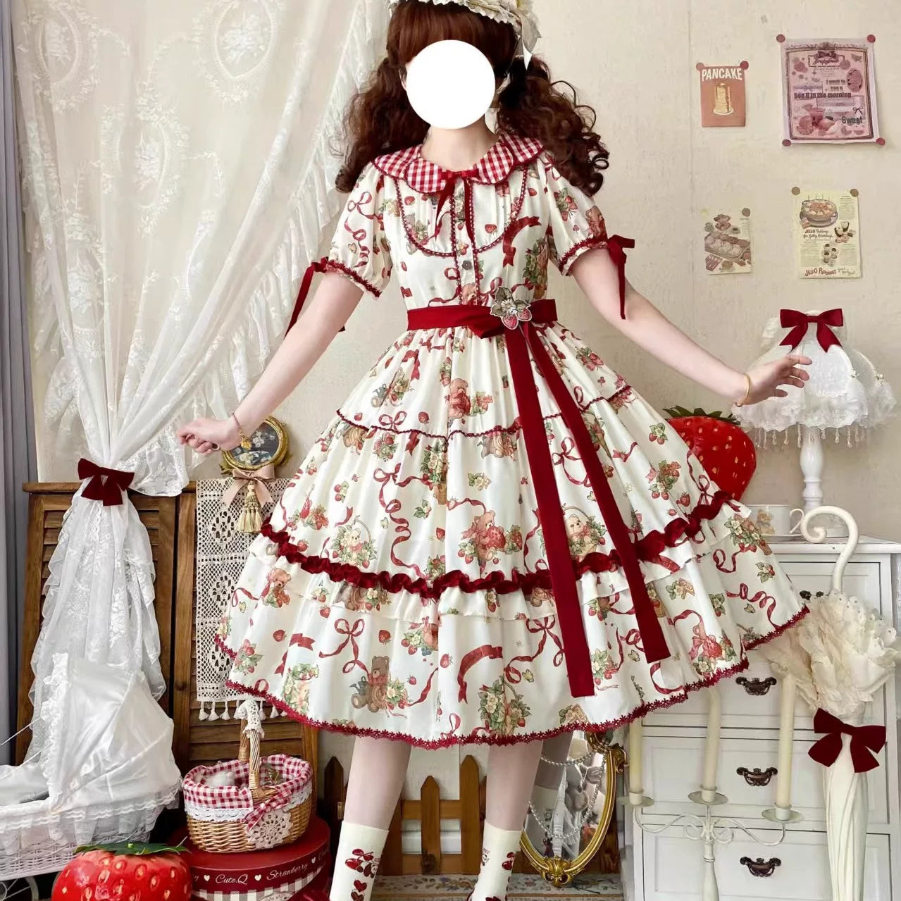 Thousand Wood - Little Bear's Strawberry Garden - Printed OP Dress with Gingham Collar