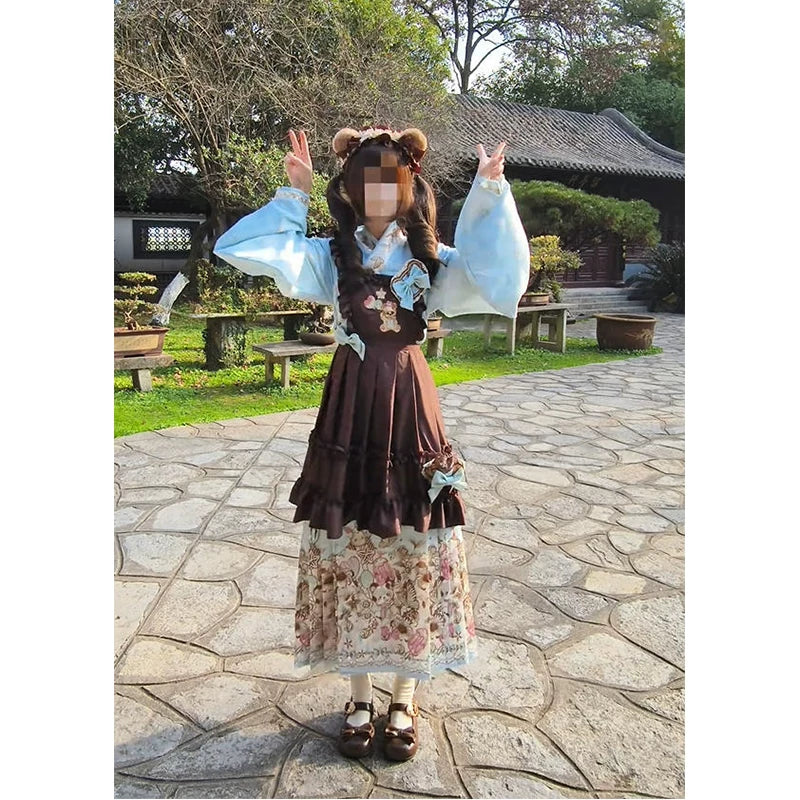 Creamy - Mint Bear Ming-Style Set - Lolita fashion set with a blue top and coffee-colored embroidered overskirt