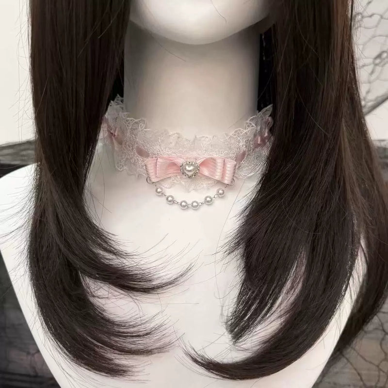 Creamy - Butterfly Pearl - Lace Choker Necklace with Bow Detail