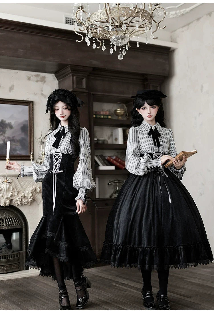 With PUJI - Dusk Moment - Classic Lolita Striped OP & Mermaid Dress Set, Fishbone Waist