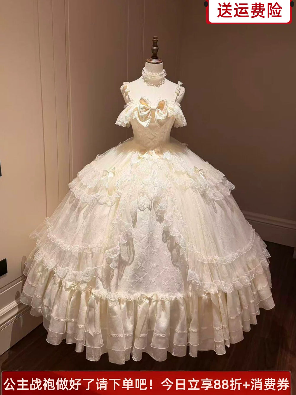 Apricot Emoji Dream formal Lolita off-shoulder tiered gown, front view