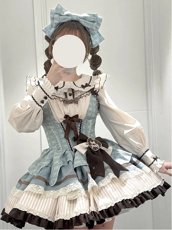 Front view of mint chocolate Sweet Lolita JSK set with cream blouse and brown accents
