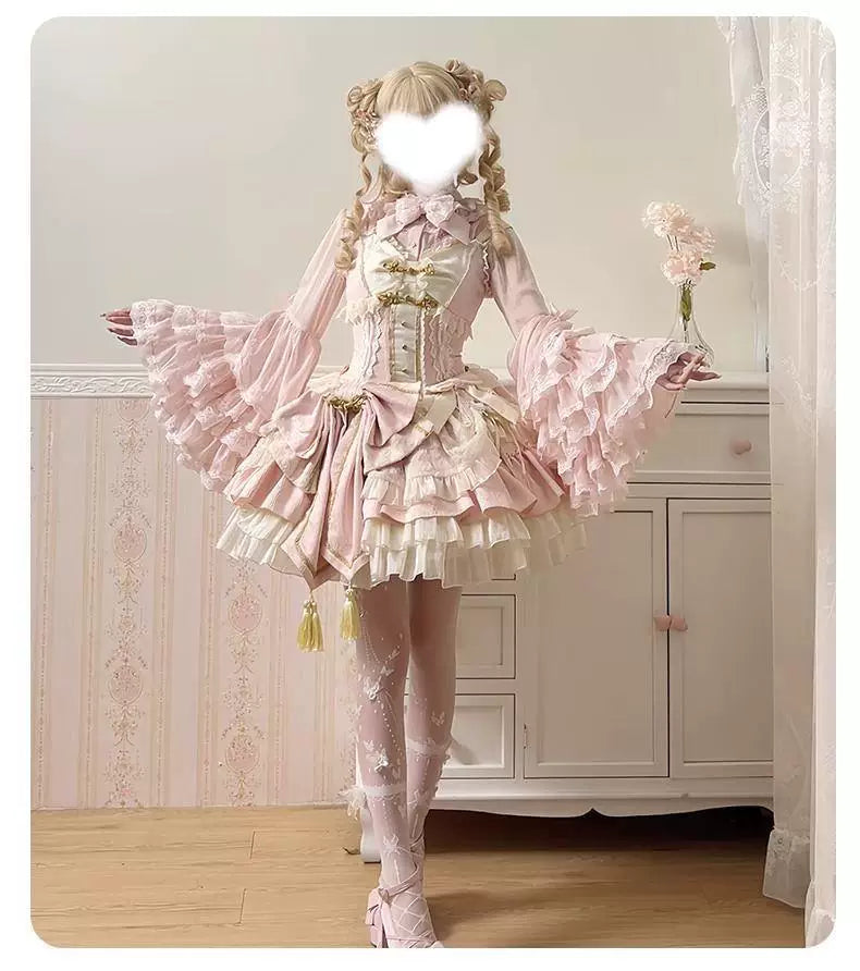 Sweetheart Dream Machine - Lace Bow - Long-Sleeve Blouse with Tiered Lace-Ruffle Sleeves