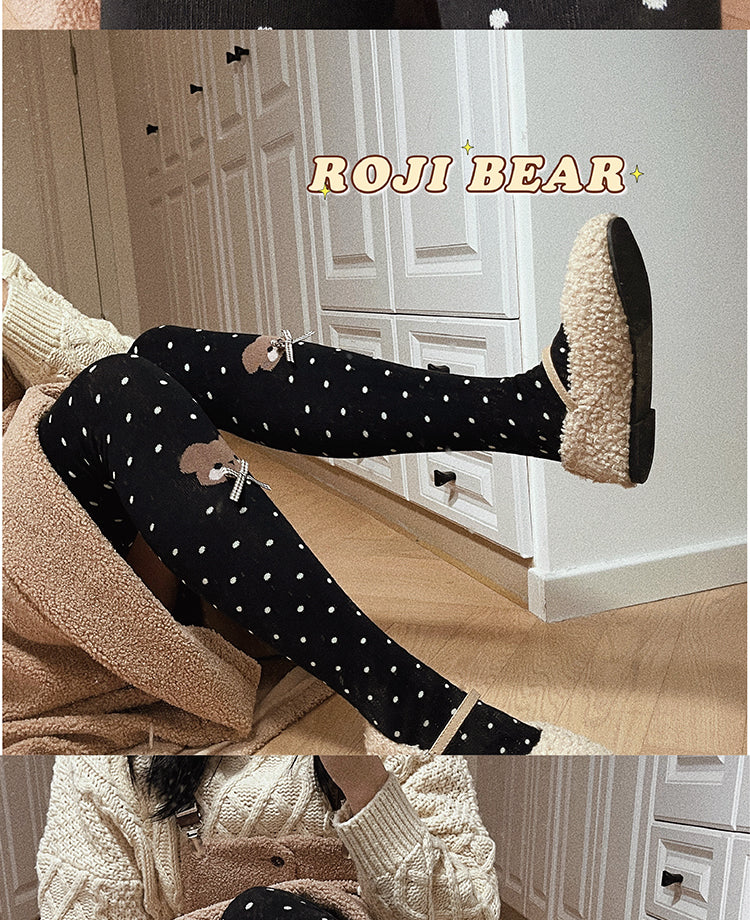 Roji Roji - Bear Dots Bow Cotton Lolita Thigh - Stockings Socks