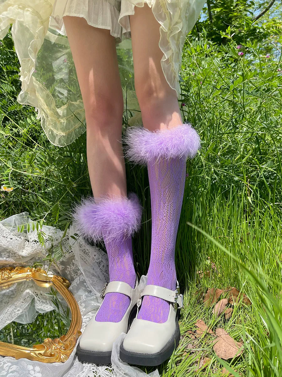 Sock Noble - Y2K Fluffy Lace - Mid-Calf Socks with Fluffy Cuffs