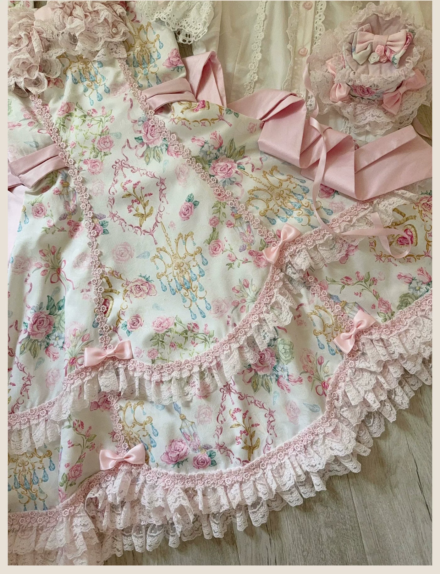 Tata Long Ear - Spring 2025 Floral Wall - Floral Print JSK Dress with Layered Lace Ruffles